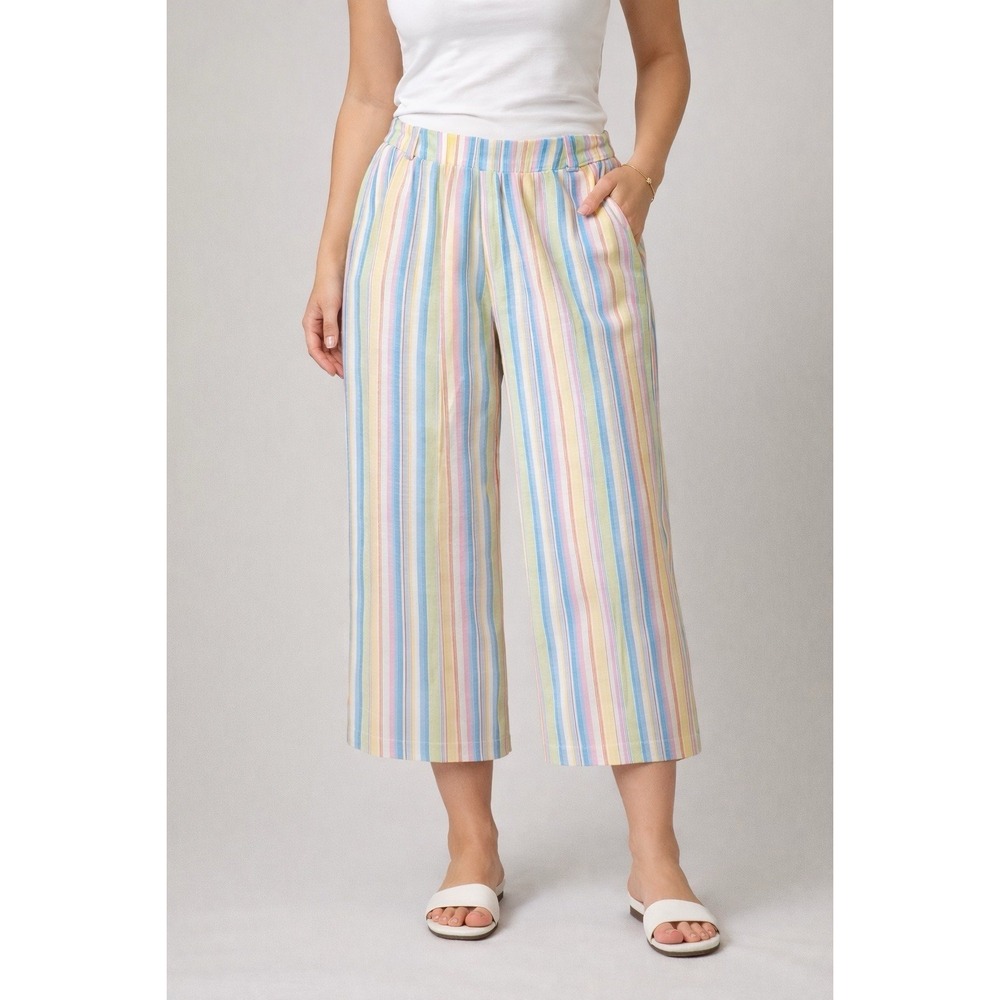 David NLinen‎ Blend Cropped Pants Size 4 Stripe Rainbow Wide Leg Lined, Pockets